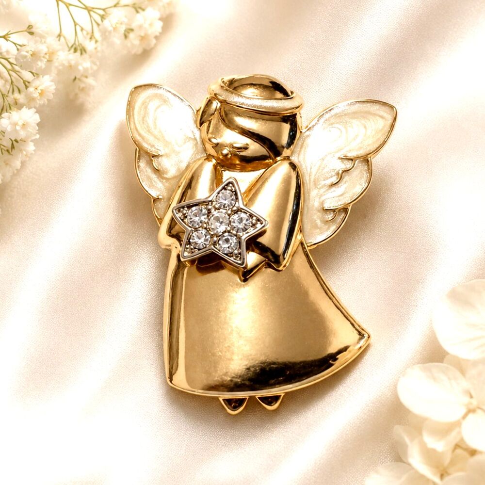 Vintage Gold Tone Enamel and Rhinestone Accented Angel Brooch